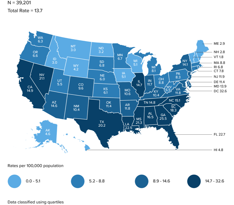 Incidence Map of the U.S. showing rates of HIV diagnoses among persons 13 years of age or older, 2023.
