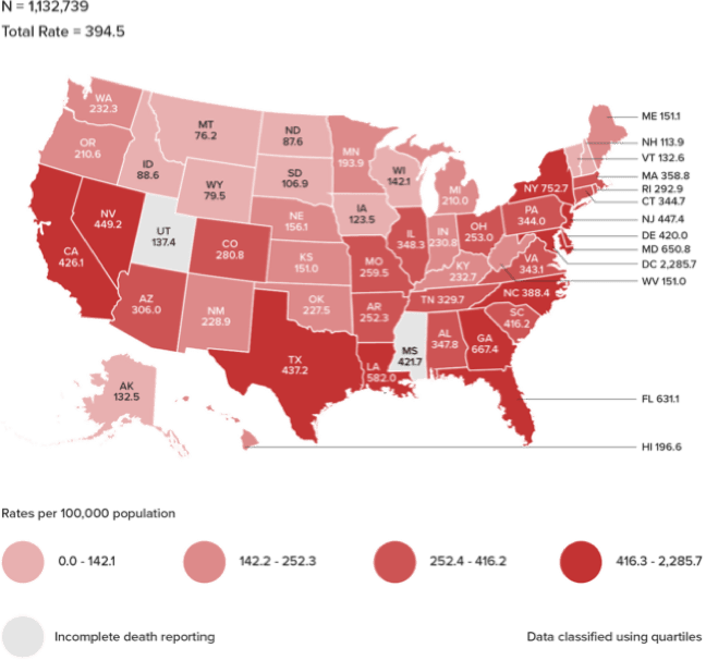 Prevalence Map of the U.S. showing rates of persons 13 years of age and older living with diagnosed HIV, year-end 2023